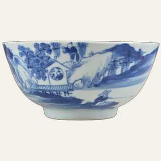 A Fine Blue and White 'Scholar Landscape' Bowl with 'Ri' (Sun) Mark, Kangxi Period (c. 1660–1690)