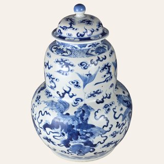 Chinese Blue and White Lidded Double-Gourd 'Buddhist Lions' Jar