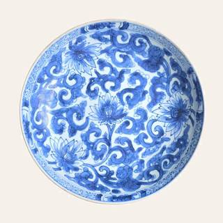 ine Chinese Blue and White 'Lotus Scroll' Dish