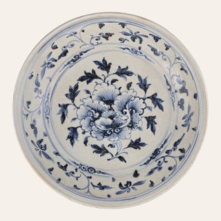 Blue and White Stoneware Dish with Peony Spray